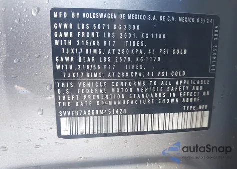 2024 Volkswagen Tiguan 2.0T S from USA, damaged, VIN 3VVFB7AX6RM151428
